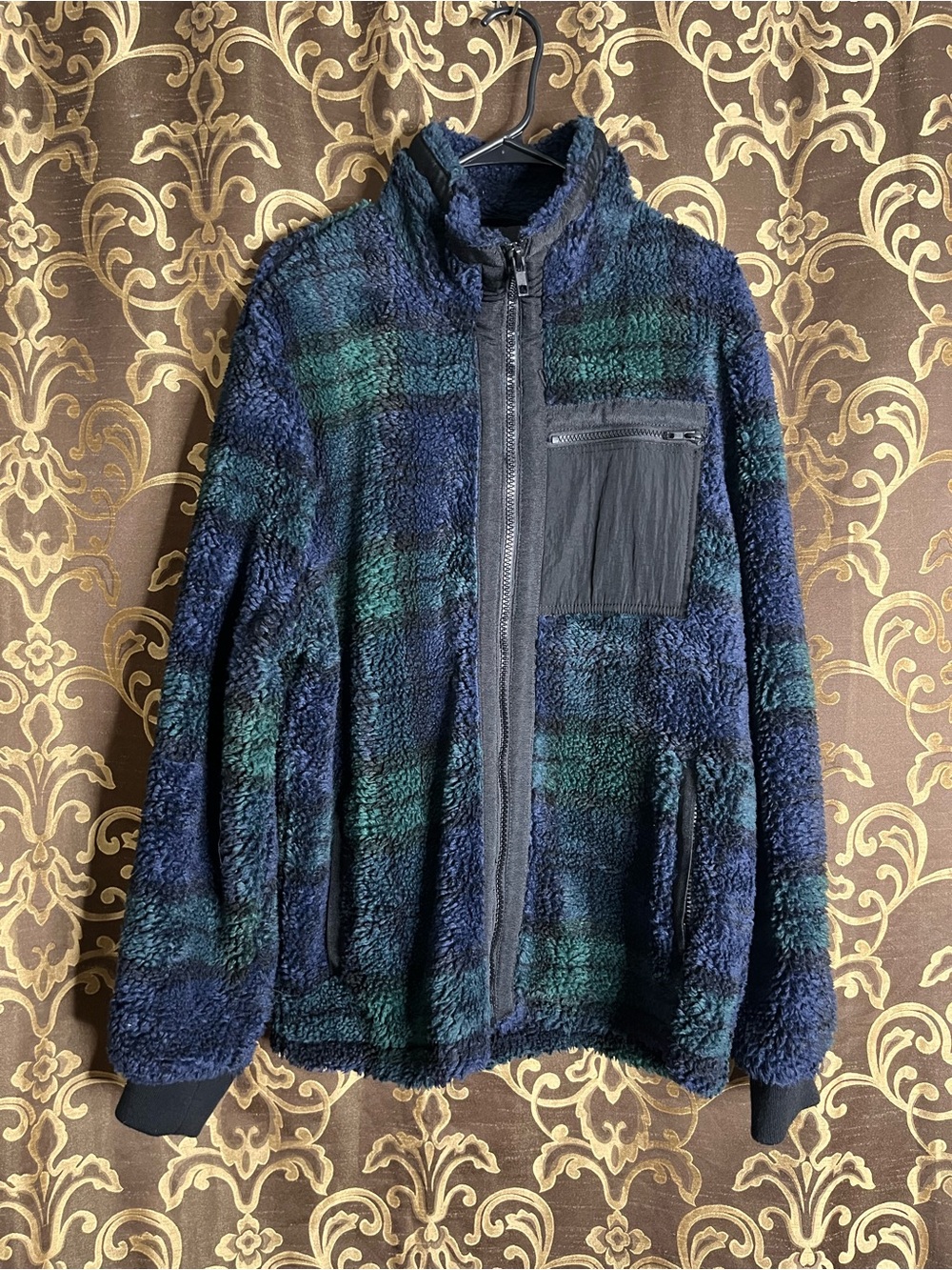 ASOS Men’s Navy and Green Sherpa Zip-Up Jacket